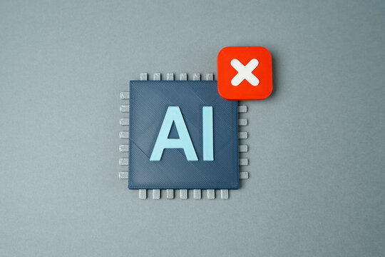 An AI microchip and a prohibition sign. Rejection of AI in sensitive areas. Turning off artificial intelligence mode. Concept of ethics and technology limits today.