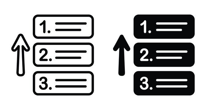Numbered list icon set with upward arrow showing priority ranking sequence order steps instructions guide sorting organization management workflow process