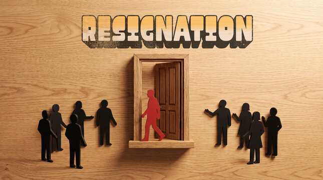 Floating 3D text reading RESIGNATION hovers over a lone red figurine walking through a wooden doorway away from black silhouettes. A conceptual miniature flat lay depicting corporate turnover.