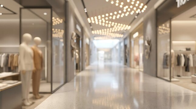Blurred modern retail shopping mall interior background with bright storefront