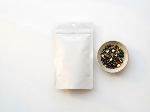 Blank white pouch for tea packaging beside a small bowl of jasmine flower tea leaves