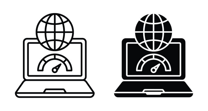 Laptop computer with globe and speedometer icons representing global internet speed connection performance network data transfer and web technology
