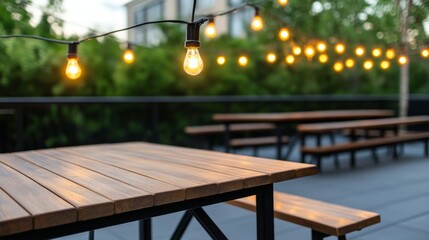 Fototapeta premium Hazy Sunrise From a Contemporary Hospitality Outlook: Rooftop Terrace With Warm String Lights And Wooden Benches Ro