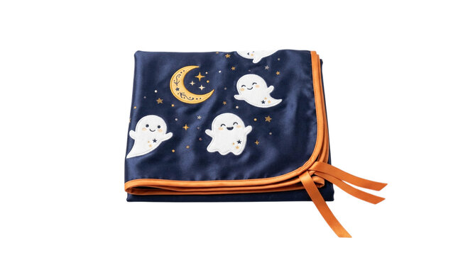 Dark blue kids blanket with cute ghosts moon and stars for Halloween or nursery decor.