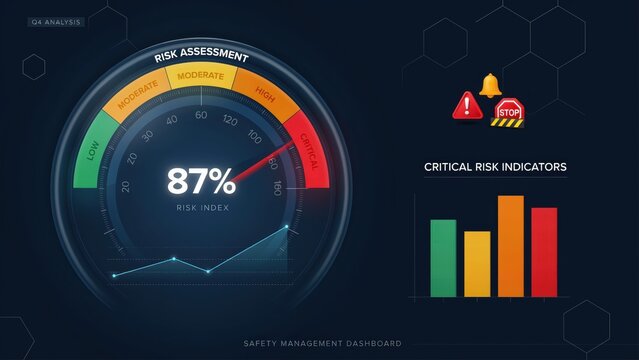 Digital risk assessment dashboard displaying critical eighty seven percent level reading