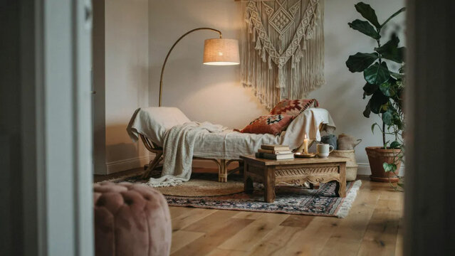Bohemian living room with layered rugs, macrame and plants, with cozy evening lighting