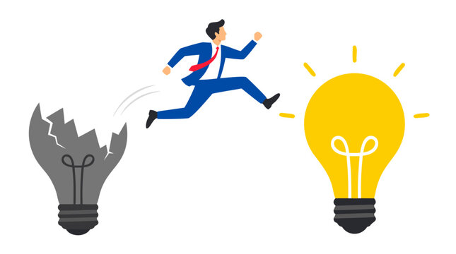 Dynamic businessman leaping away from a cracked dim grey lightbulb toward a brilliant glowing yellow idea bulb representing innovation in a flat vector illustration on white background