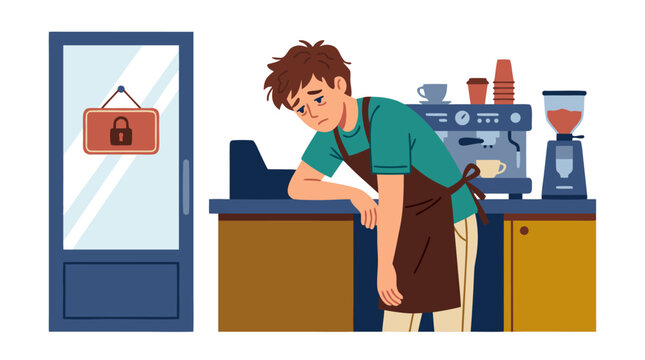 Vector illustration of an exhausted young male barista leaning dejectedly on a wooden cafe counter beside an espresso maker with a closed door padlock sign on isolated white backdrop