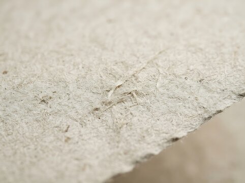 Close up of a rough textured beige handmade paper sheet with visible fiber strands
