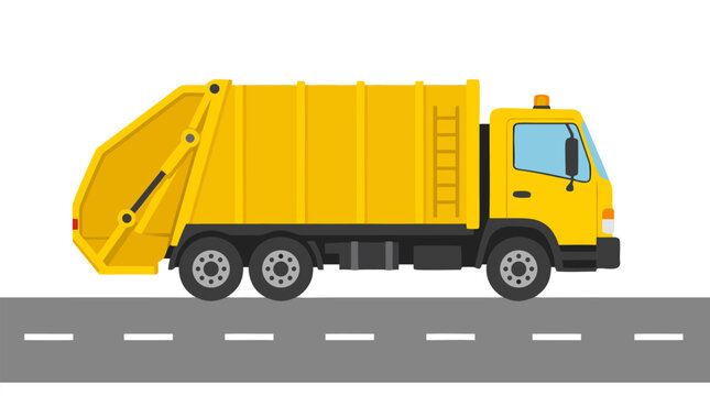 Bright yellow sanitation garbage compactor truck cruising along gray highway road with white dash marks vector illustration, showcasing municipal urban waste management and trash disposal