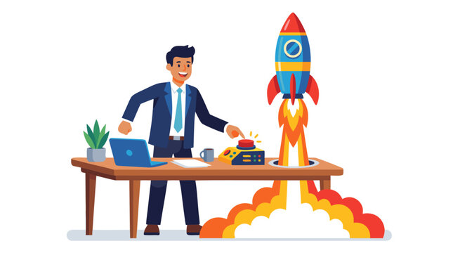 Confident entrepreneur pressing red launch button on office desk to fire colorful rocket vector illustration, portraying startup venture initiation rapid business growth and innovation