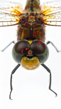 Dragonfly Extreme Macro Portrait with Red Parasite Mites on White Background