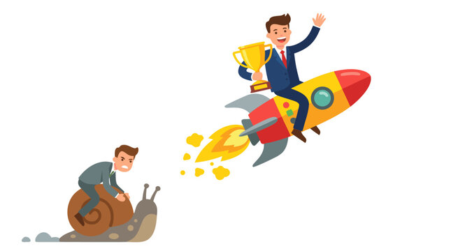 Smiling businessman flying on rocket with golden trophy outperforming rival riding sluggish garden snail vector illustration, portraying competitive advantage business speed and success