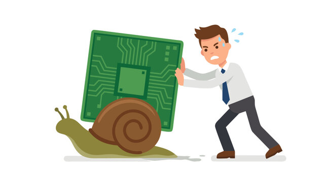 Exhausted sweating businessman pushing giant green computer chip riding atop sluggish crawling garden snail vector illustration, portraying slow technology progress and hardware bottlenecks