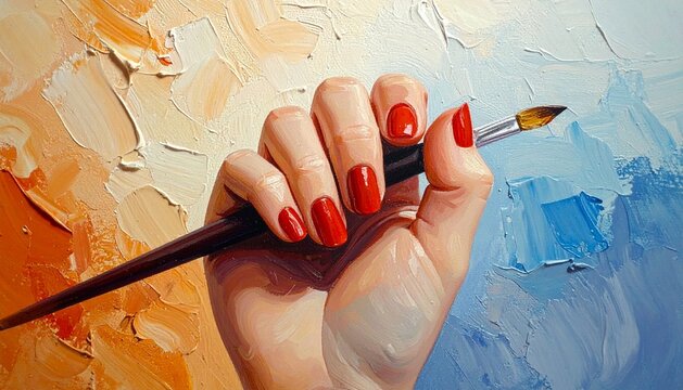 Artist Hand with Red Nails Holding Paintbrush Over Impasto Oil Painting Canvas