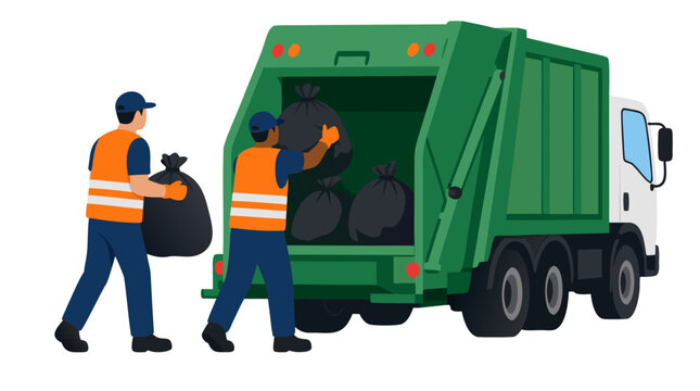 Two municipal sanitation workers in orange reflective vests throwing black garbage trash bags into the hopper of a green compactor truck, city waste removal flat vector illustration