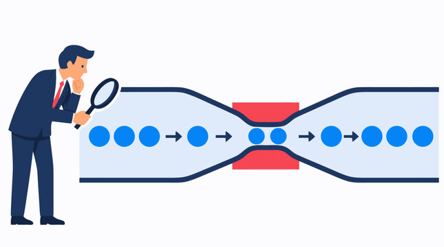 A businessman examining a restricted pipeline bottleneck with a magnifying glass in a flat vector illustration using bold blue, red, and crisp white colors for corporate workflow analysis