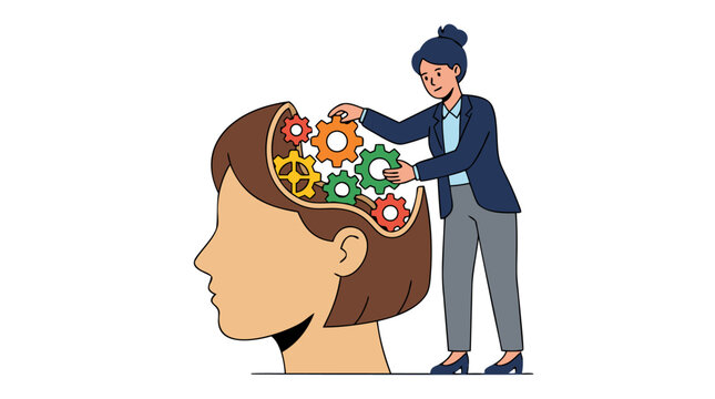 A businesswoman inserting colorful cogwheels into an open head silhouette in a flat vector illustration using navy blue, vibrant orange, bright yellow, forest green, and clean white