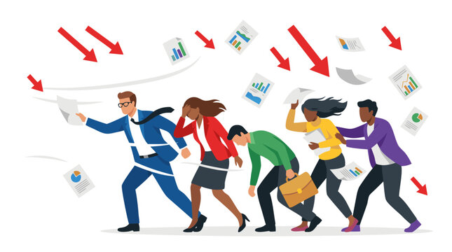 A business team battling fierce headwind with scattered documents and falling red market arrows in a flat vector illustration using dark navy, crimson red, green, yellow, and solid white