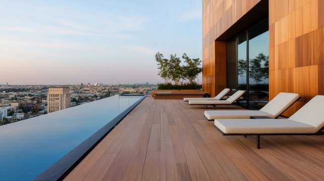 Radiant Sundown From a Balanced Exterior Composition: Rooftop Terrace With Sleek Pool Edge And Lounge Chairs Roofto &acirc;&euro;&ldquo; Skyline Study 4