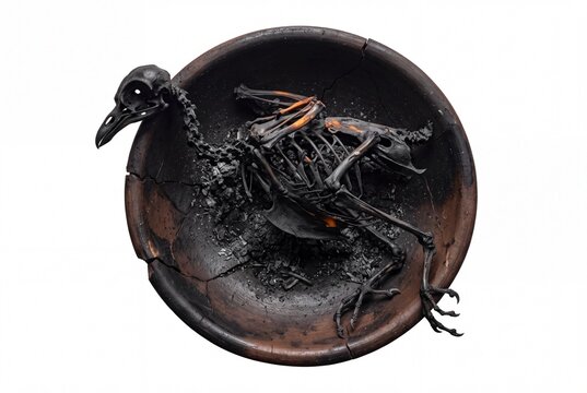 A charred bird skeleton resting inside a rustic clay bowl on white background.