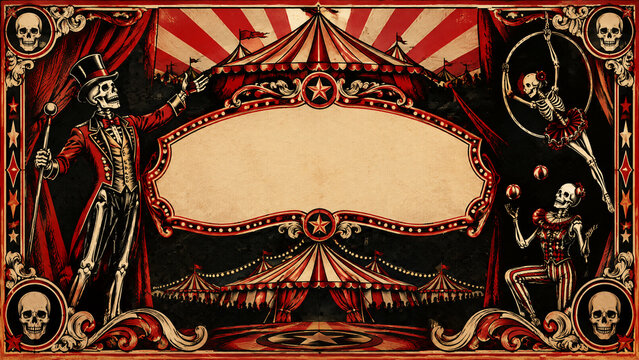 Vintage circus skeleton poster with blank banner, spooky carnival freak show background, gothic halloween circus tent illustration with skulls