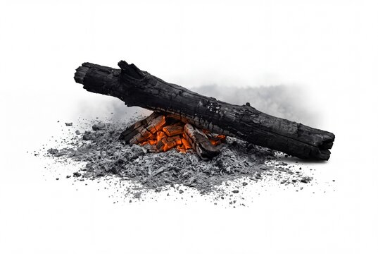 A single charred wooden log resting on glowing embers and gray ash on white background.