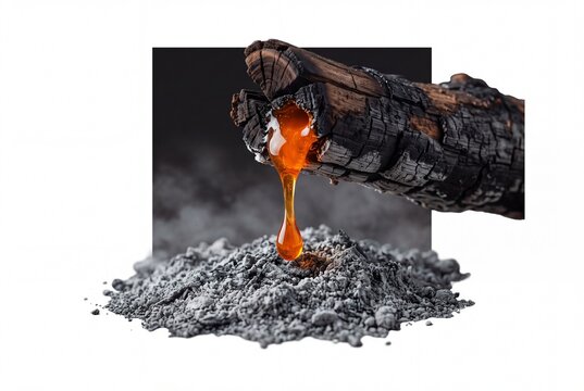 Molten glowing resin dripping from a charred piece of wood onto gray ash.
