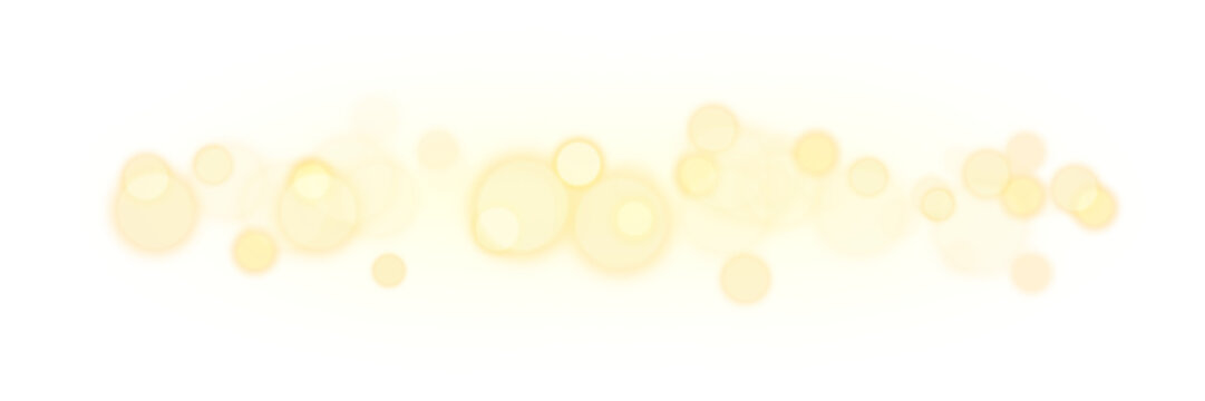 Golden yellow sparkling glittering bokeh particles glowing background with soft light, magical shimmer, dreamy blur ethereal Christmas holiday festive night isolated on transparent PNG