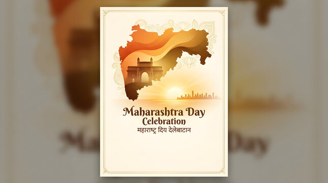 Maharashtra day celebration poster design with map of maharashtra and iconic landmarks.