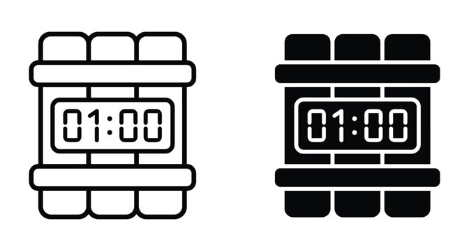 Dynamite time bomb icon set with digital timer showing one minute countdown in outline and solid black glyph style vector