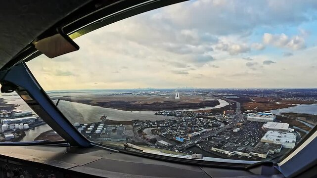 New York - approach and landing Runway 31R from Pilots point of view (POV) at John F. Kennedy International Airport (IATA: JFK, ICAO: KJFK), Cockpit View with Manhattan Skyline in the background  