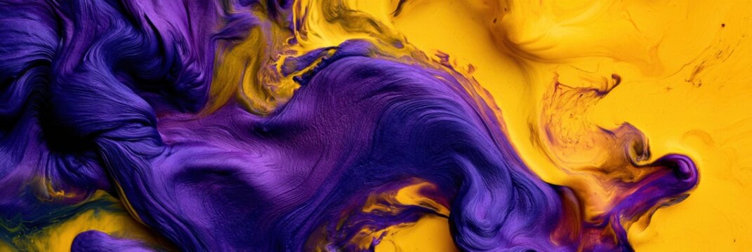 Bright yellow and deep violet fluids mix in an abstract display, showcasing vivid complementary colors. This view captures their dynamic flow.