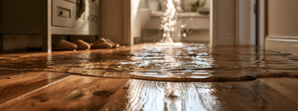Water overflowing in a home, causing damage to wooden floor and creating a mess