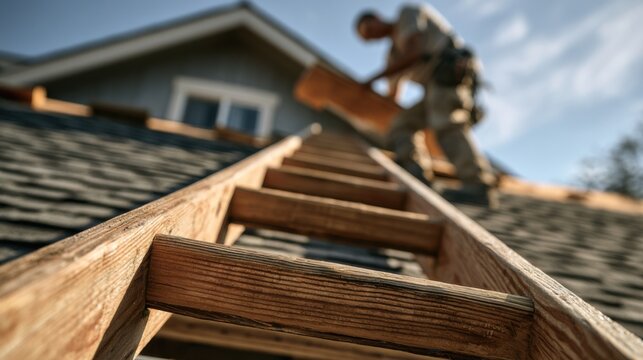 Worker climbs ladder to roof for home repair during sunny day