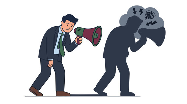 A despondent businessman slumps forward while his cast shadow holds a megaphone shouting back at him with thunderclouds in this psychological inner critic vector illustration concept