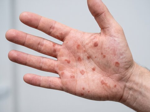 Secondary syphilis rash on palm, characteristic STI skin manifestation