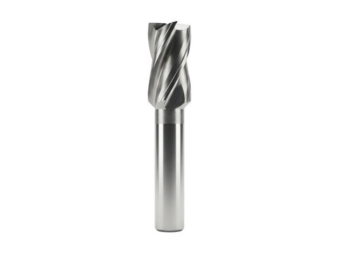 Precision metal end mill bit with spiral flutes mounted on a transparent background.