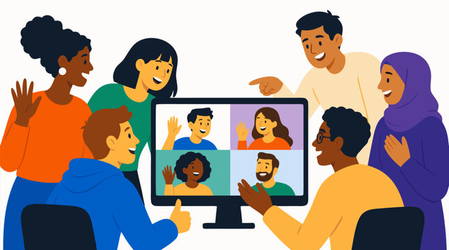 Diverse group of colleagues gathered around an office computer monitor waving during a remote video conference meeting with four teammates, modern flat vector teamwork illustration