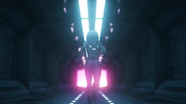 Female Astronaut Running Through Futuristic Spaceship Tunnel With Cinematic Neon Lighting