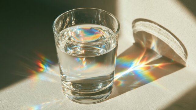Glass of water on a table reflecting light with rainbow colors at a bright time of day