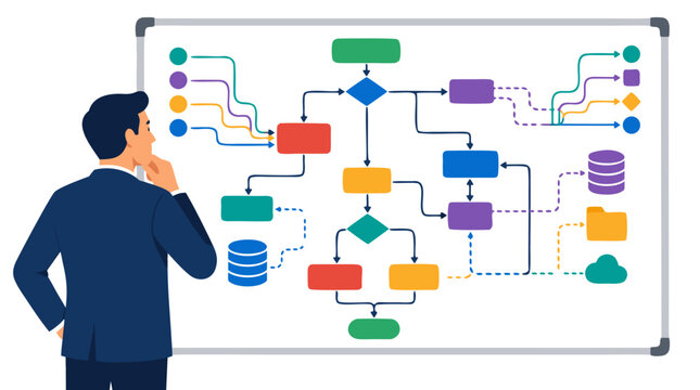 Thoughtful IT project manager studying a complex flowchart diagram on a whiteboard with connected data flow icons, system architecture vector illustration against clean white background