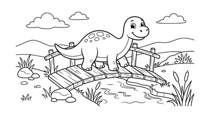 Cute Cartoon Dinosaur Crossing Wooden Bridge Vector, Kawaii Baby Dino Landscape Coloring Page © SohebPixel