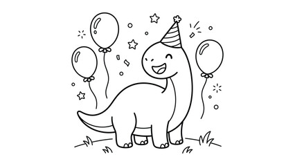 Cute Cartoon Birthday Dinosaur with Party Hat and Balloons Vector, Kawaii Dino Celebration Coloring Page © SohebPixel