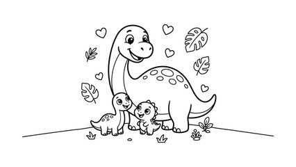 Cute Cartoon Dinosaur Mother with Baby Dinosaurs Vector, Kawaii Prehistoric Dino Family Coloring Page © SohebPixel
