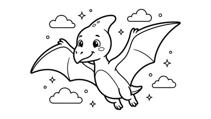 Cute Cartoon Pterodactyl Dinosaur Flying in Sky Vector, Kawaii Flying Dino Coloring Page for Kids © SohebPixel