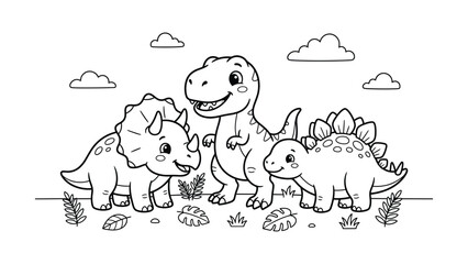 Cute Cartoon Dinosaurs Group Vector, Kawaii Baby T-Rex Triceratops and Stegosaurus Friends Coloring Page © SohebPixel