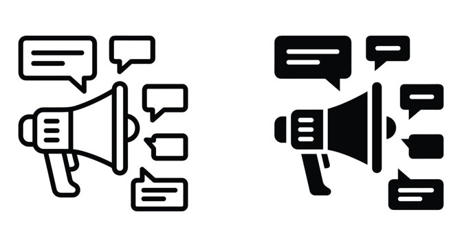Megaphone icon set with speech bubbles representing digital marketing communication social media announcement public relations broadcasting and feedback for business promotion