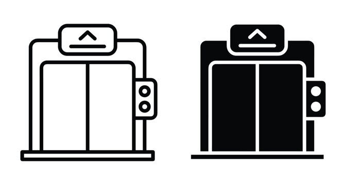 Elevator lift doors icon set with up arrow indicator and call buttons for building navigation and architectural floor access