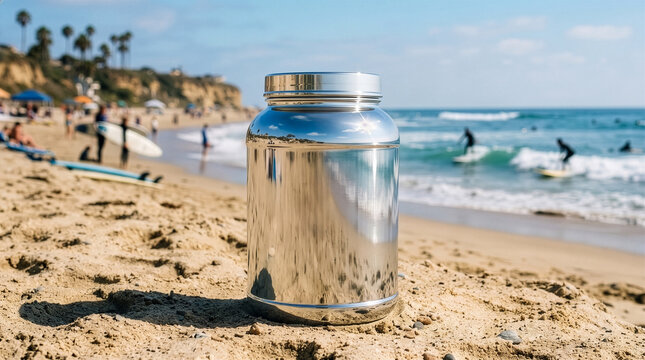 Mockup, beach, sea, surf, paradise, landscape, jar, whey protein, silver, gold, metallic, plastic, food, energy product, supplement, sport, healthy lifestyle, beautiful, vacation